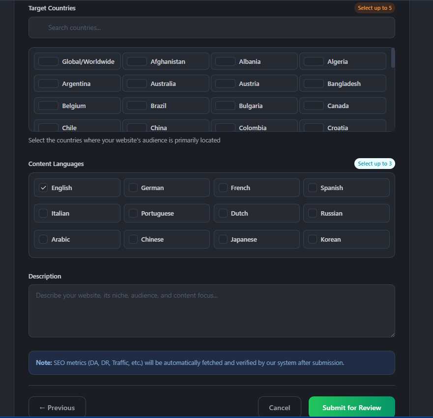 Web Sitesi Detayları - Ülkeler ve Diller
